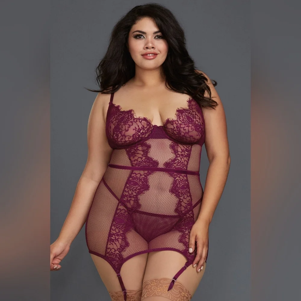 DREAMGIRL | "What A Mesh" Fishnet & Lace Chemise in Mulberry sz 3X - Picture 2 of 8